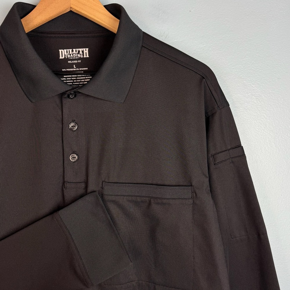 Duluth Trading Knuckledown Polo Shirt Mens Large Black Long Sleeve Relaxed Fit